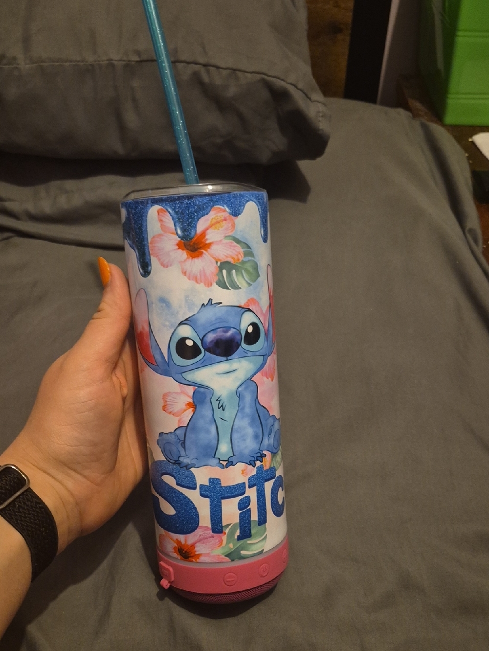 Blue Stitch Floral Tumbler with Straw And Bluetooth Speaker